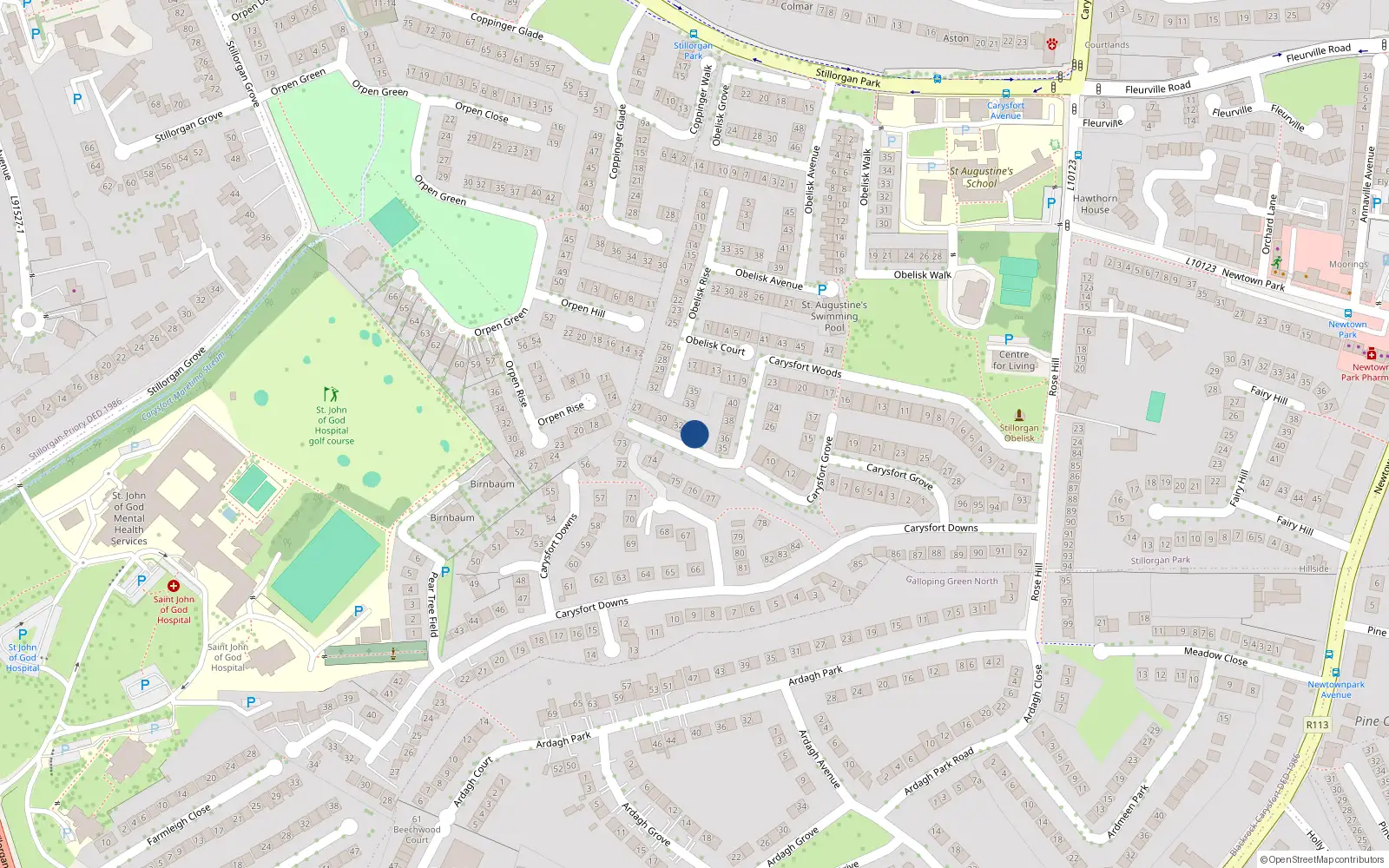 Overhead map showing the location of 34 Carysfort Woods, Blackrock, Dublin