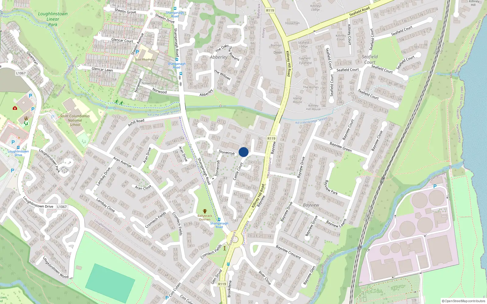Overhead map showing the location of 34 Castle Court, Killiney