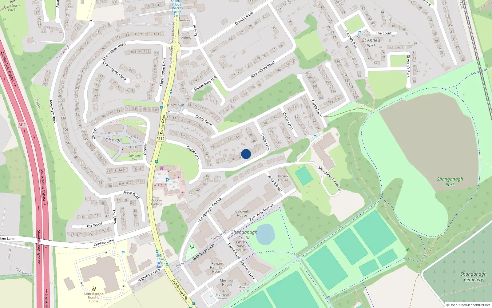 Overhead map showing the location of 34 Castle Farm, Shankill