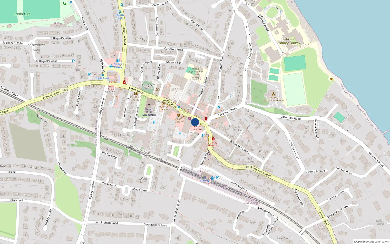 Overhead map showing the location of 34 Castle Street, Dalkey