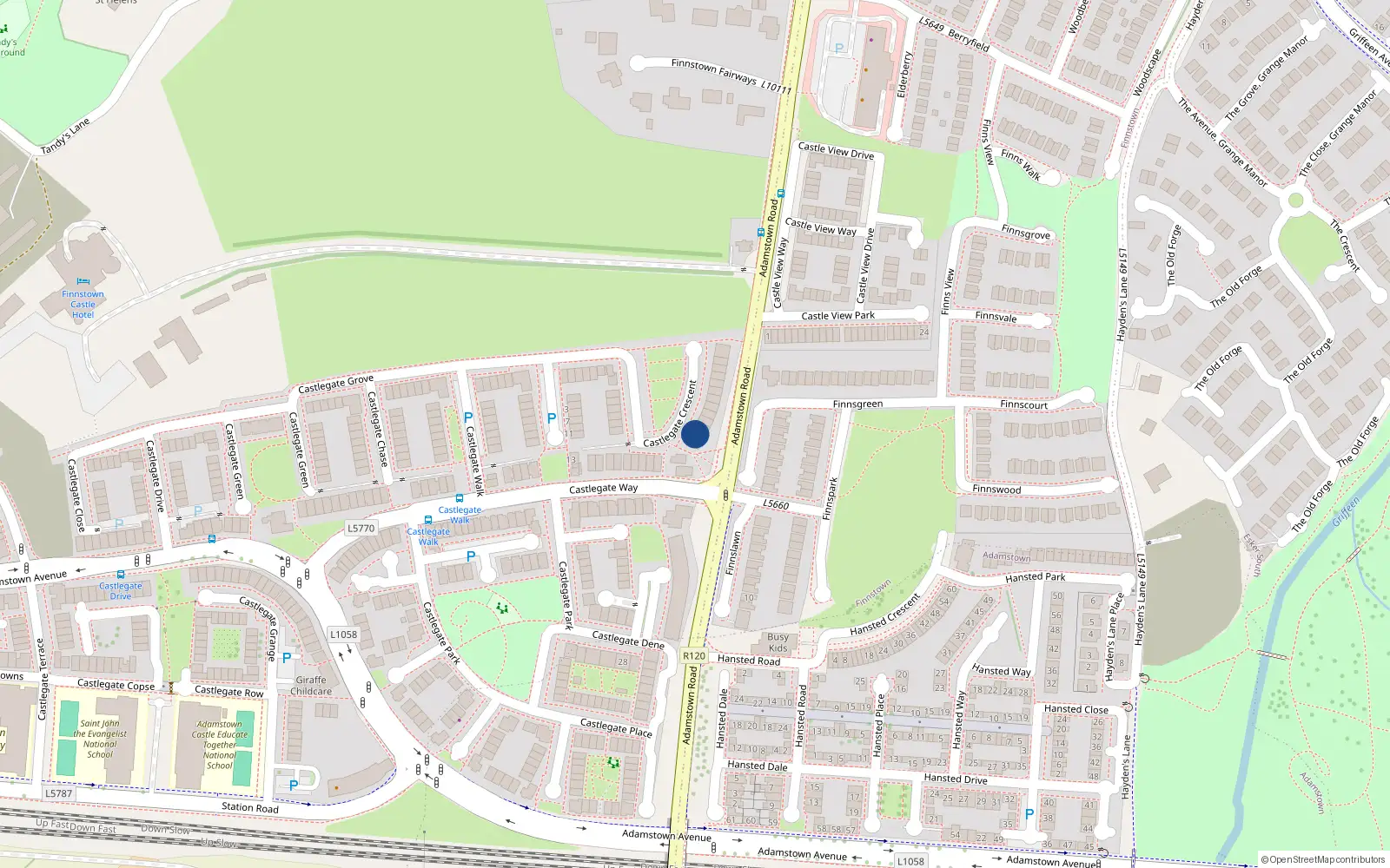 Overhead map showing the location of 34 Castlegate Crescent, Adamstown Castle, Lucan