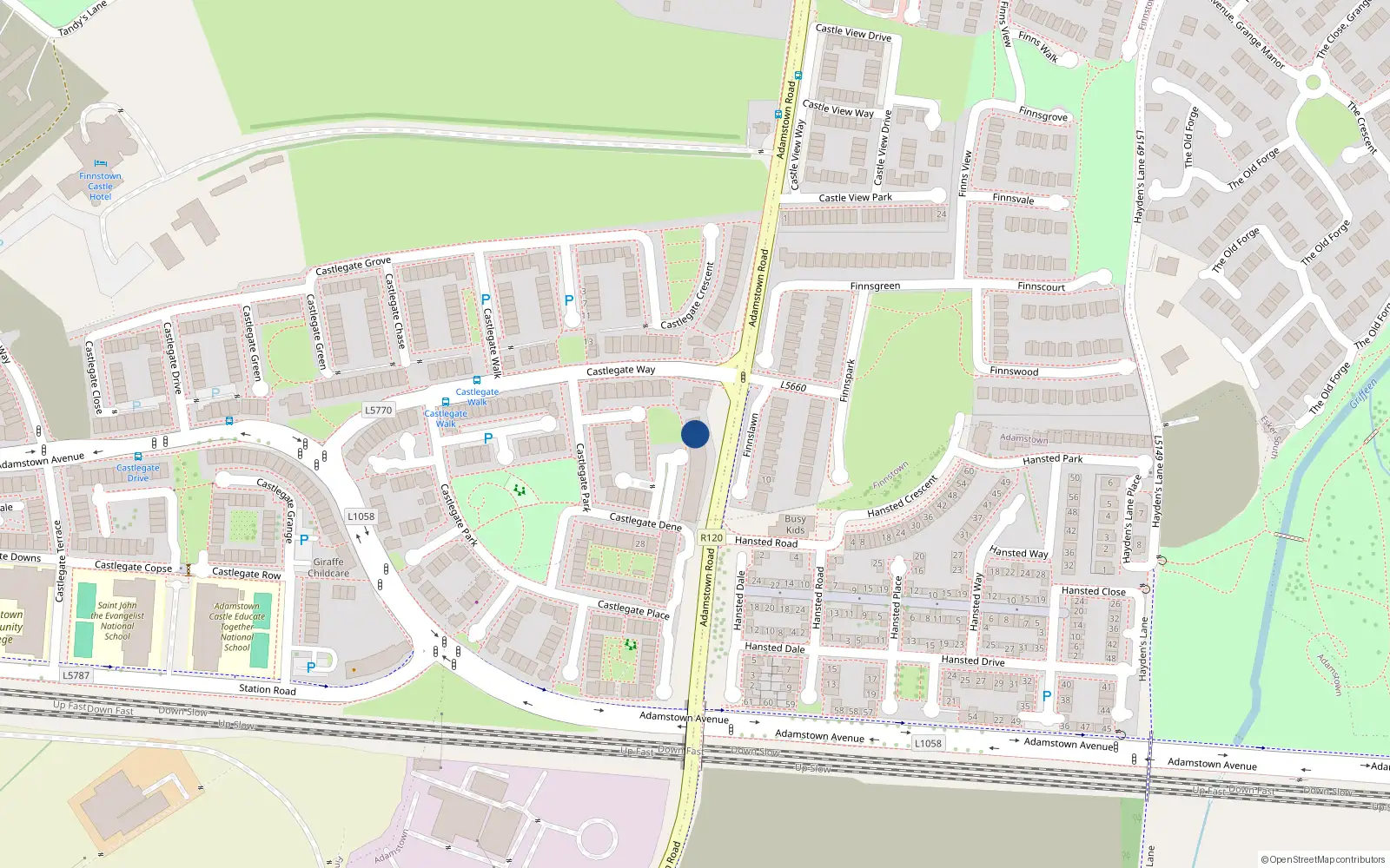 Overhead map showing the location of 34 Castlegate Square, Adamstown Castle, Adamstown