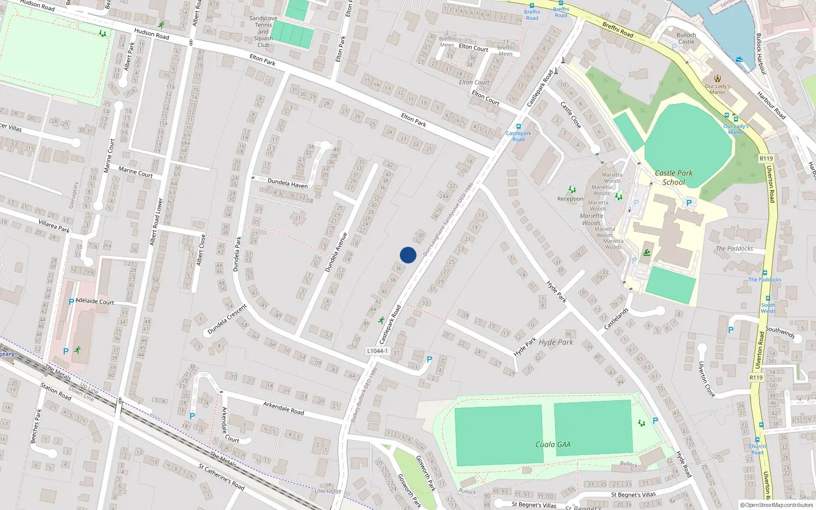 Overhead map showing the location of 34 Castle Park Road, Dublin