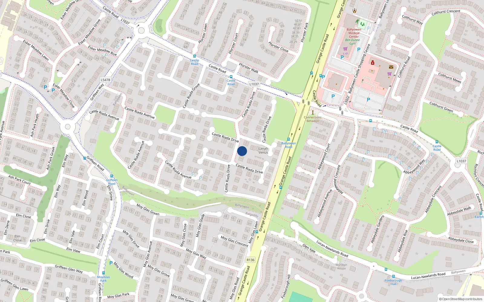 Overhead map showing the location of 34 Castleriada Drive, Lucan, Dublin