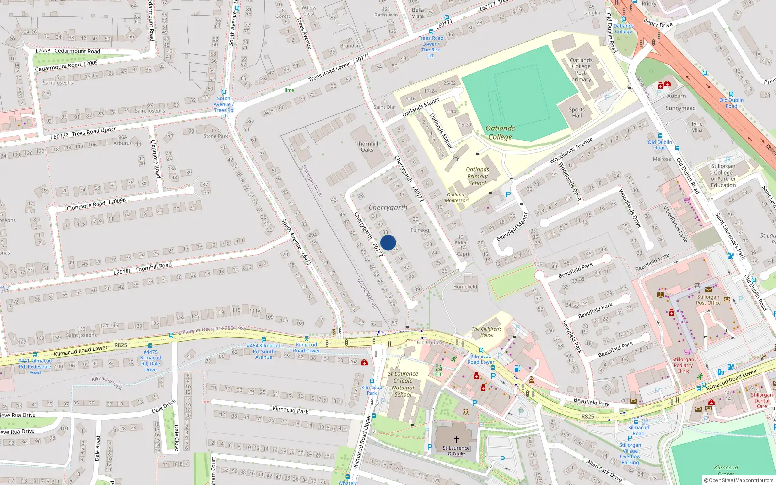 Overhead map showing the location of 34 Cherry Garth, Mount Merrion, Dublin