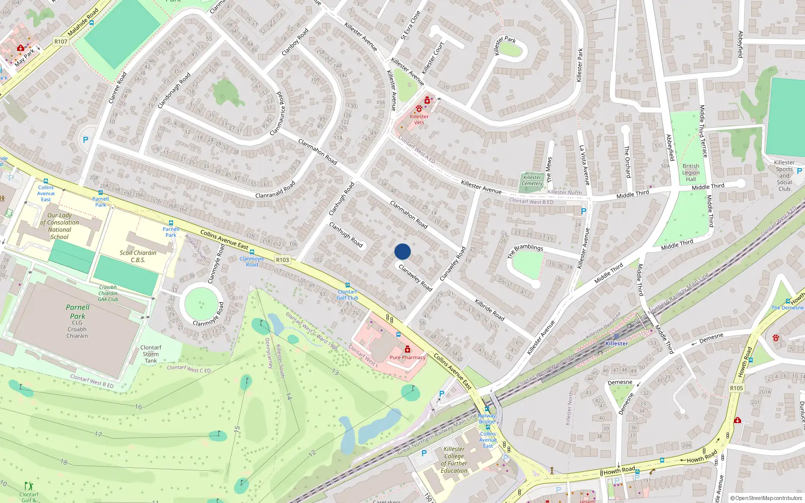 Overhead map showing the location of 34 Clanawley Road, Killester, Dublin 5