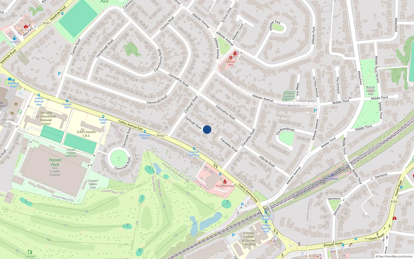 Overhead map showing the location of 34 Clanhugh Road, Dublin 5