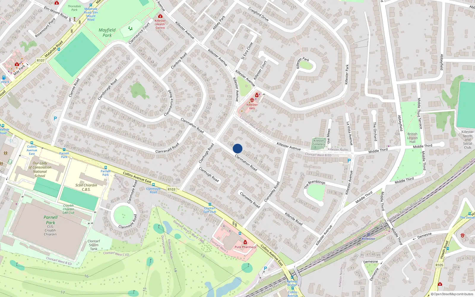 Overhead map showing the location of 34 Clanmahon Road, Dublin 5