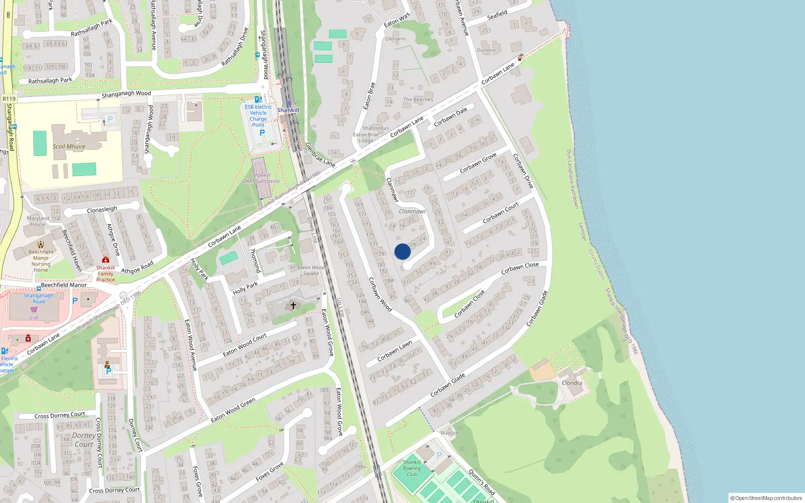 Overhead map showing the location of 34 Clanmawr, Dublin