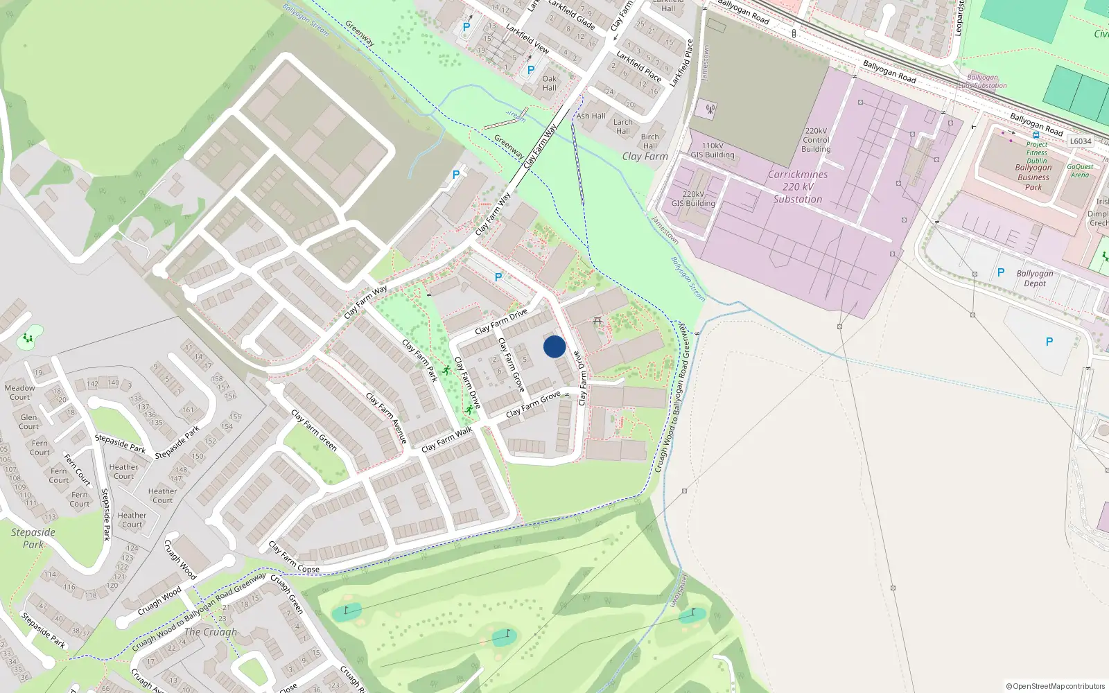 Overhead map showing the location of 34 Clay Farm Drive, Kilgobbin