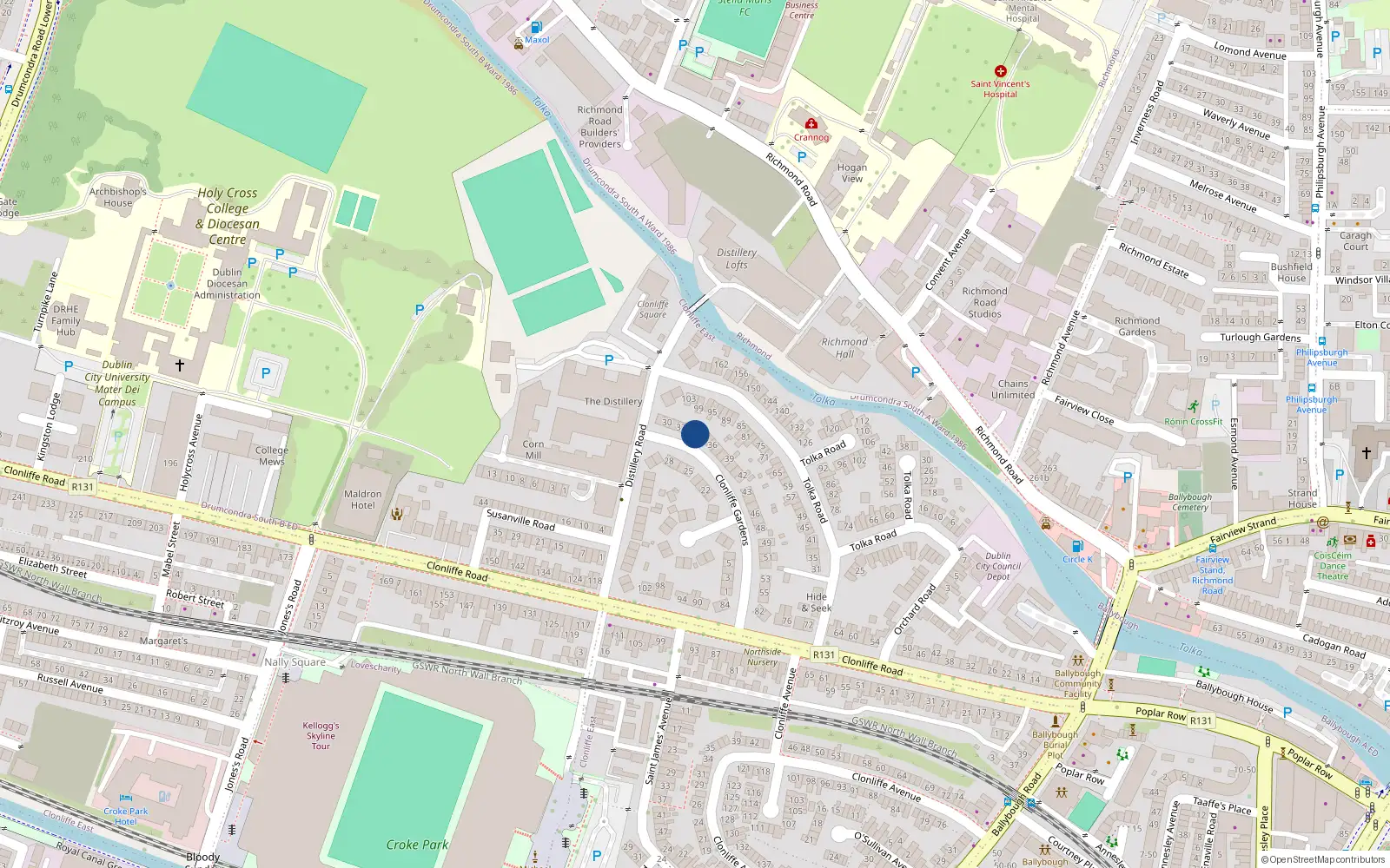 Overhead map showing the location of 34 Clonliffe Gardens, Dublin 3, Dublin