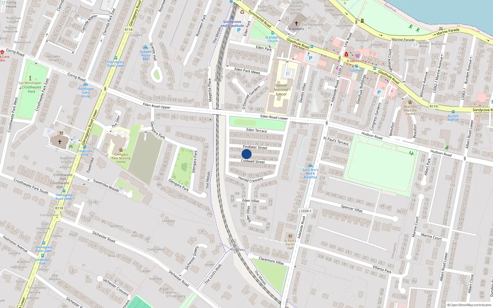 Overhead map showing the location of 34 Coldwell Street, Dun Laoghaire