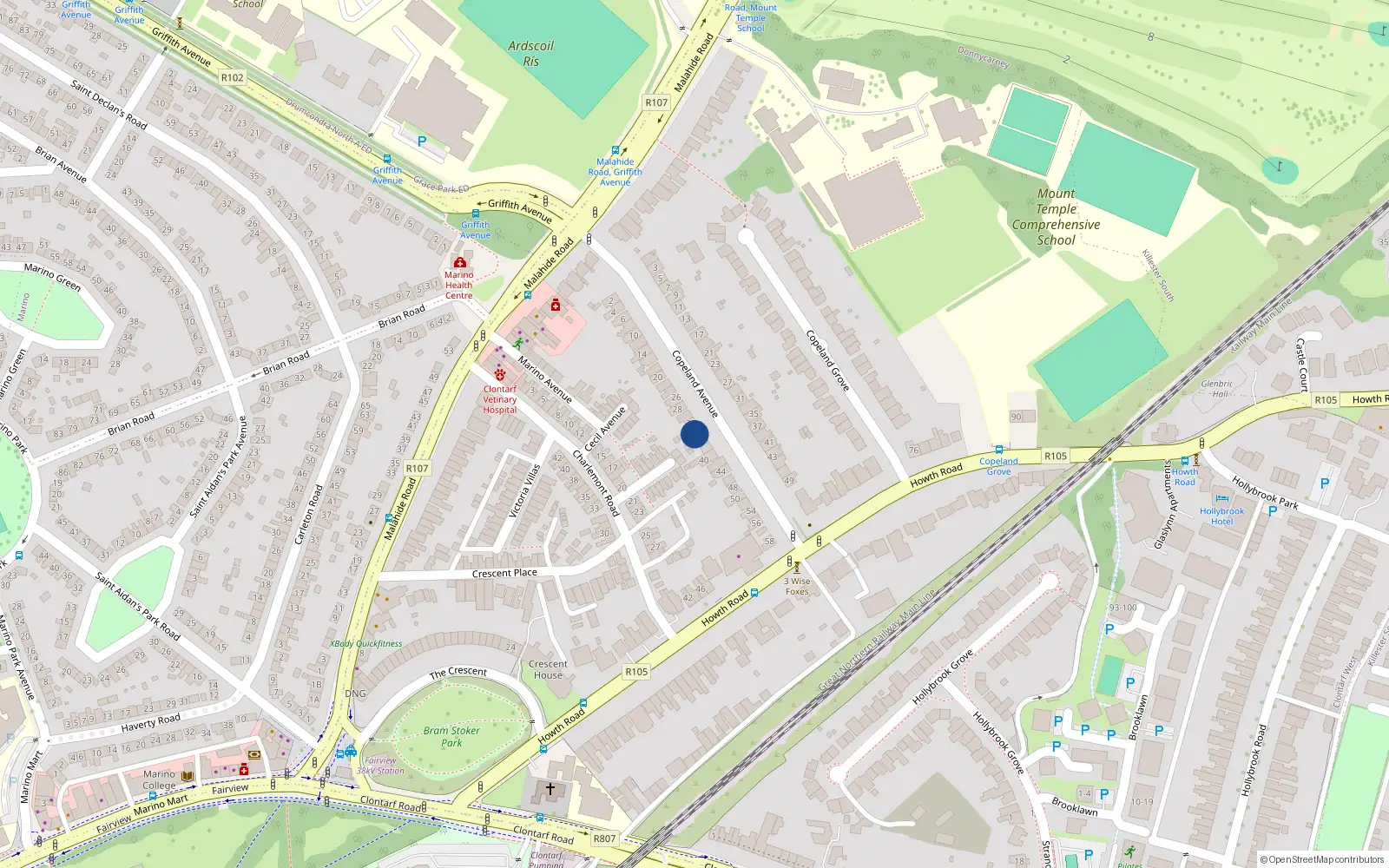 Overhead map showing the location of 34 Copeland Avenue, Dublin 3