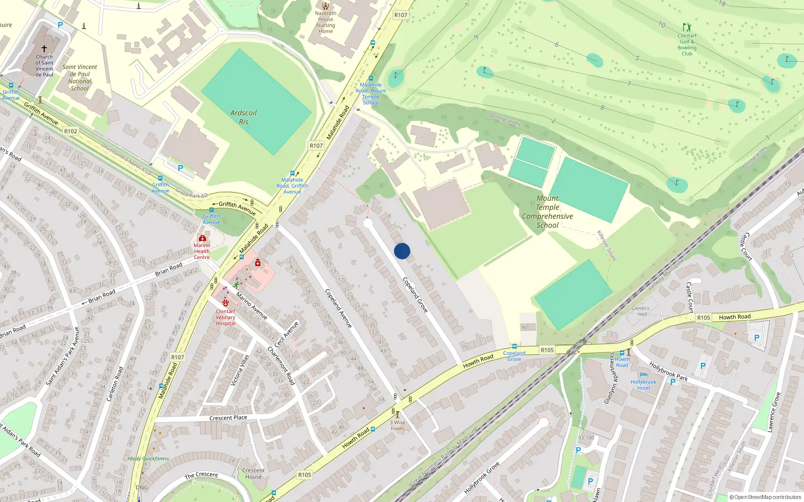 Overhead map showing the location of 34 Copeland Grove, Clontarf, Dublin 3