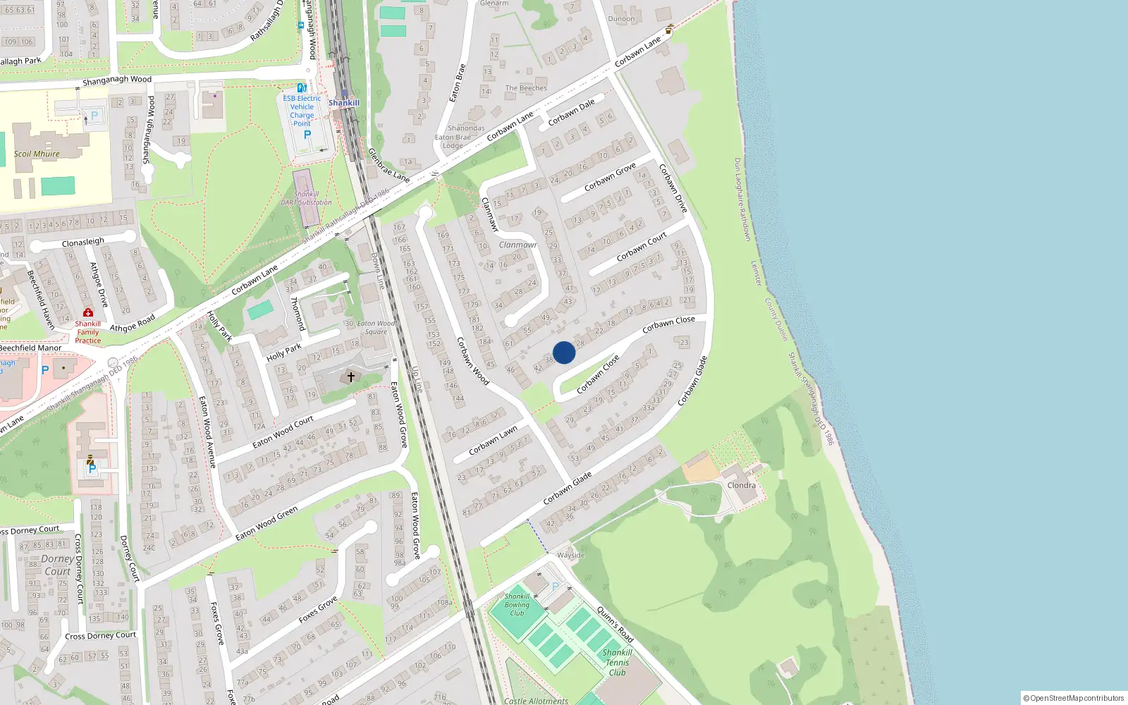 Overhead map showing the location of 34 Corbawn Close, Shankill