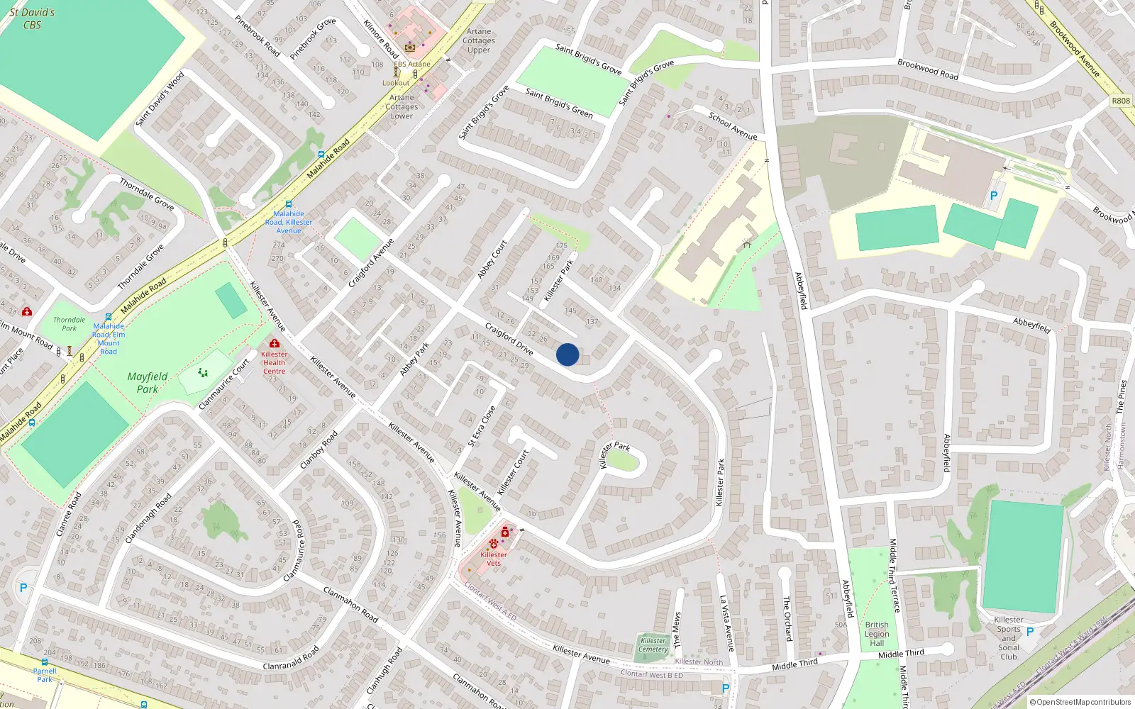 Overhead map showing the location of 34 Craigford Drive, Killester, Dublin 5