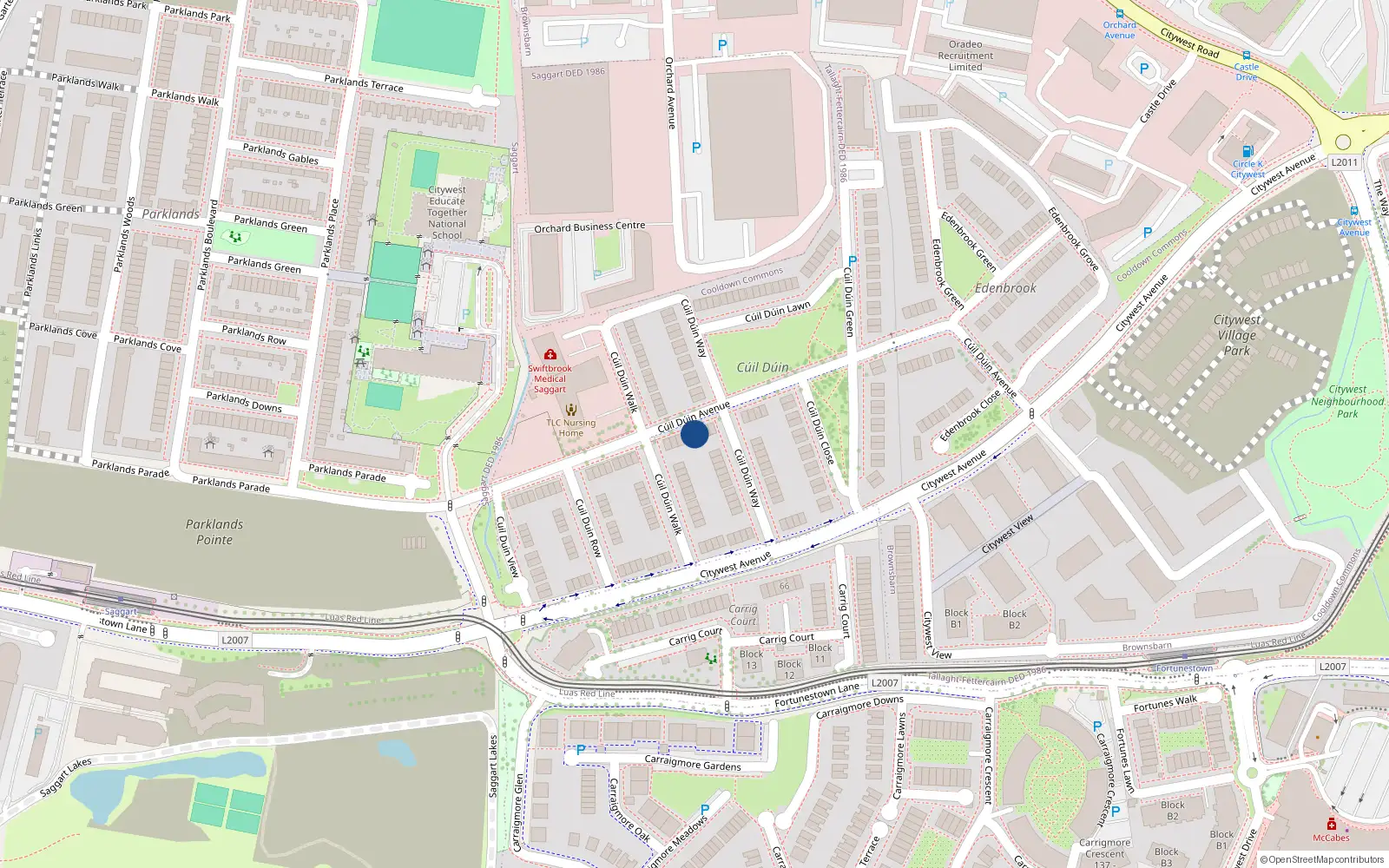 Overhead map showing the location of 34 Cúil Dúin Avenue, Fortunestown