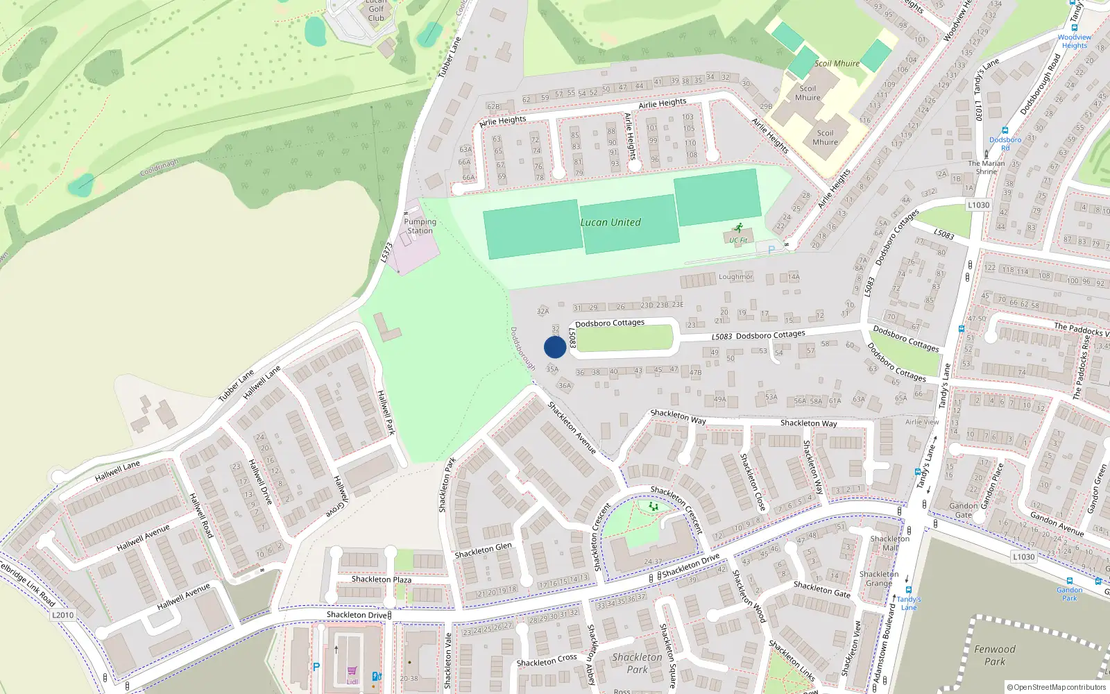Overhead map showing the location of 34 Dodsborough Cottages, Lucan, Dublin