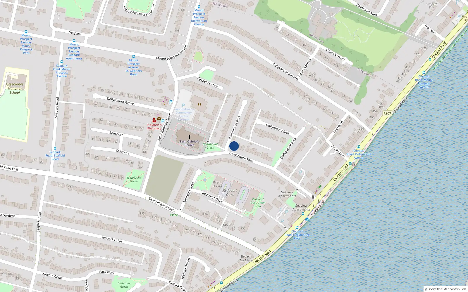 Overhead map showing the location of 34 Dollymount Park, Clontarf, Dulin 3 Dublin 3