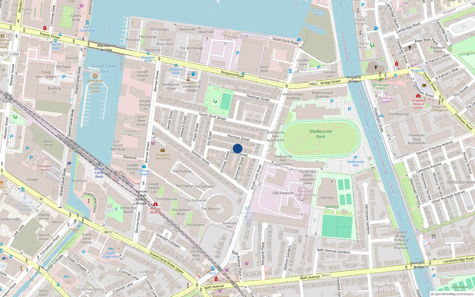 Overhead map showing the location of 34 Doris Street, Dublin 4