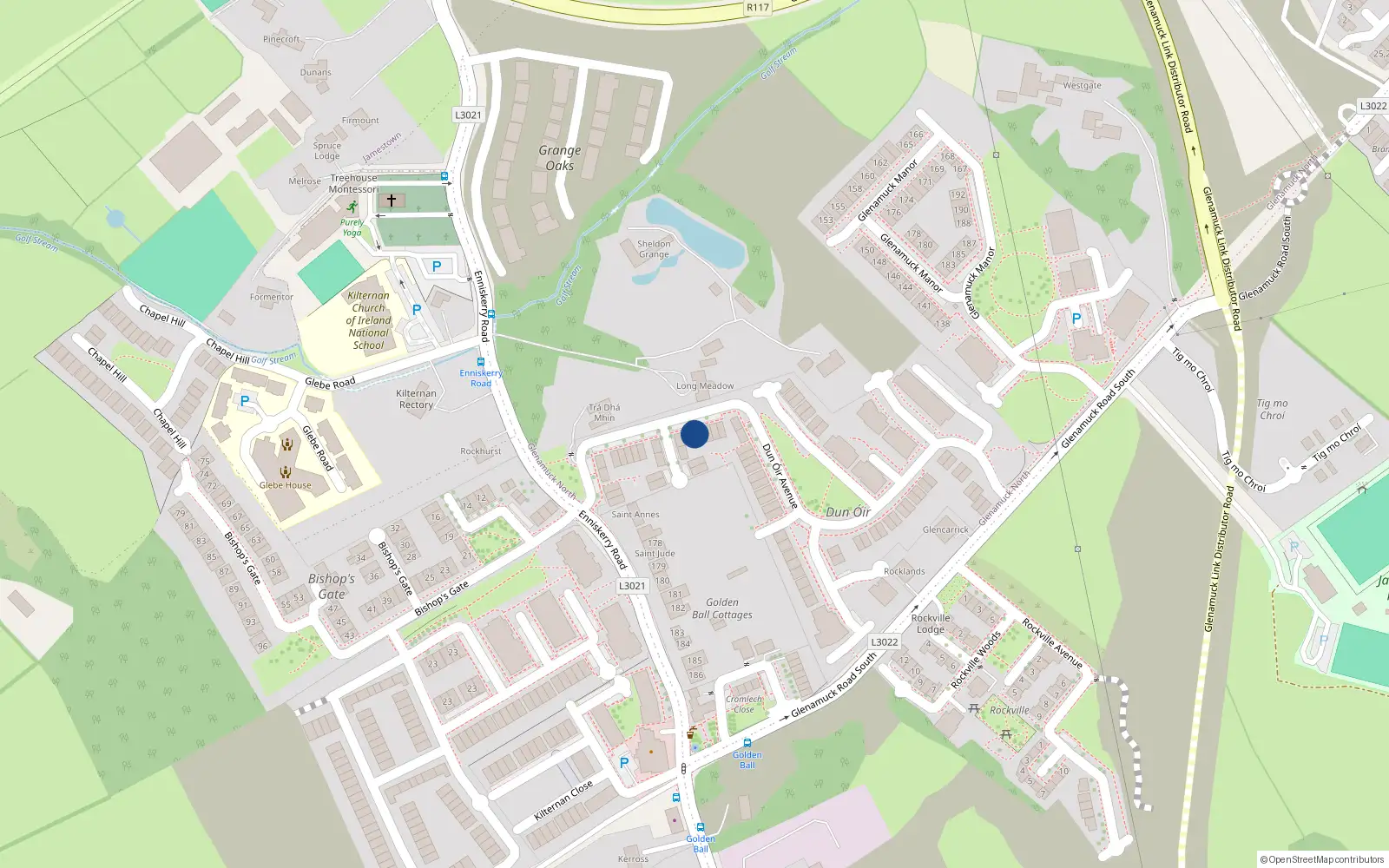 Overhead map showing the location of 34 Dún Óir Avenue, Glenamuck North