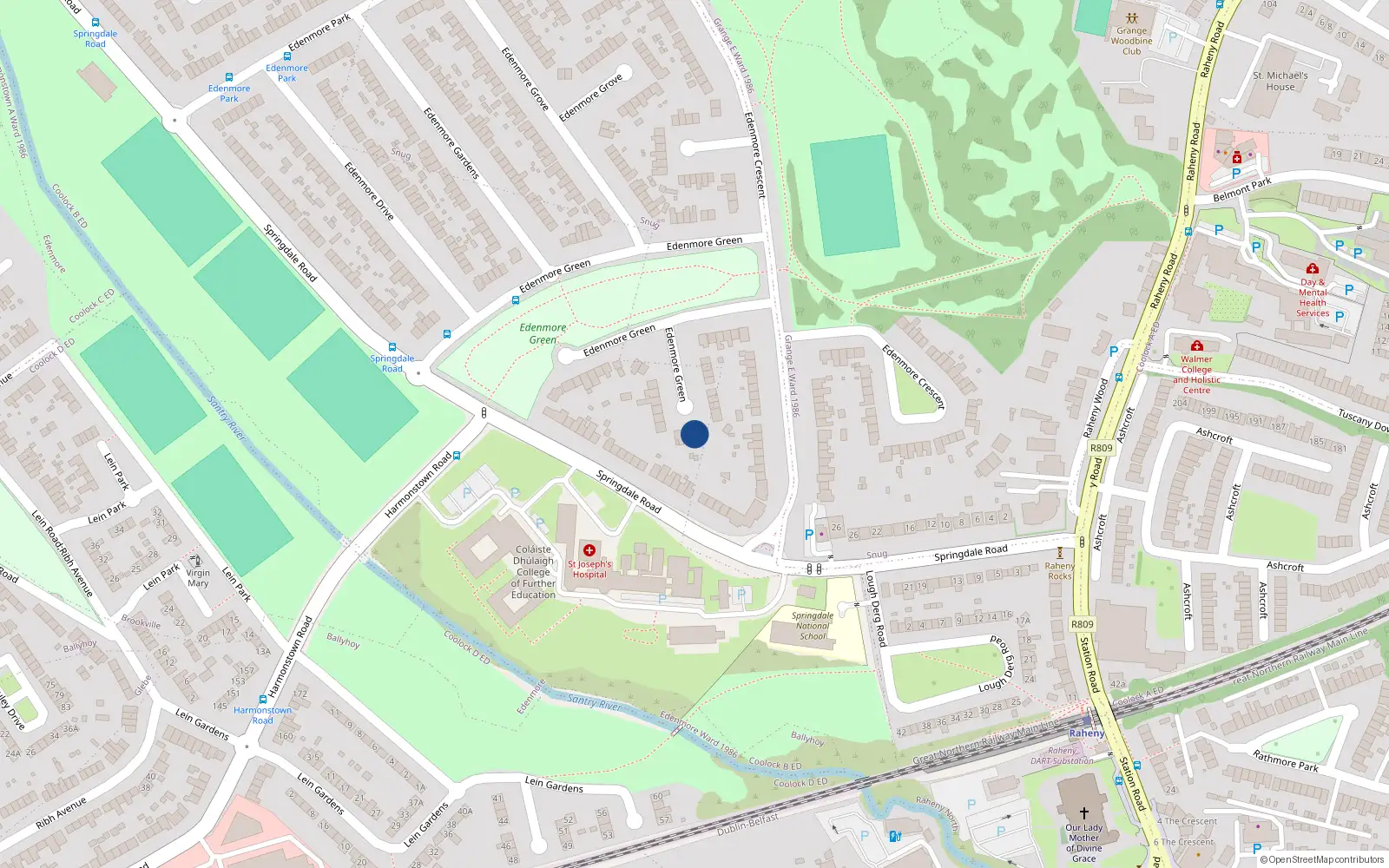 Overhead map showing the location of 34 Edenmore Green, Dublin 5