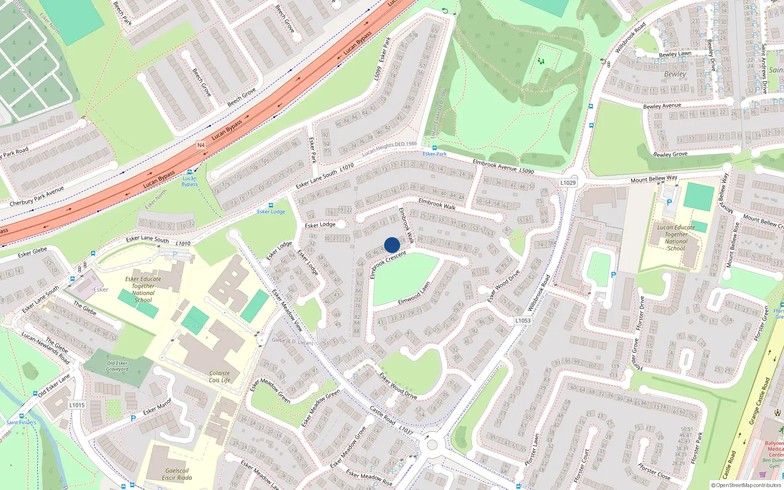 Overhead map showing the location of 34 Elmbrook Crescent, Lucan, Dublin