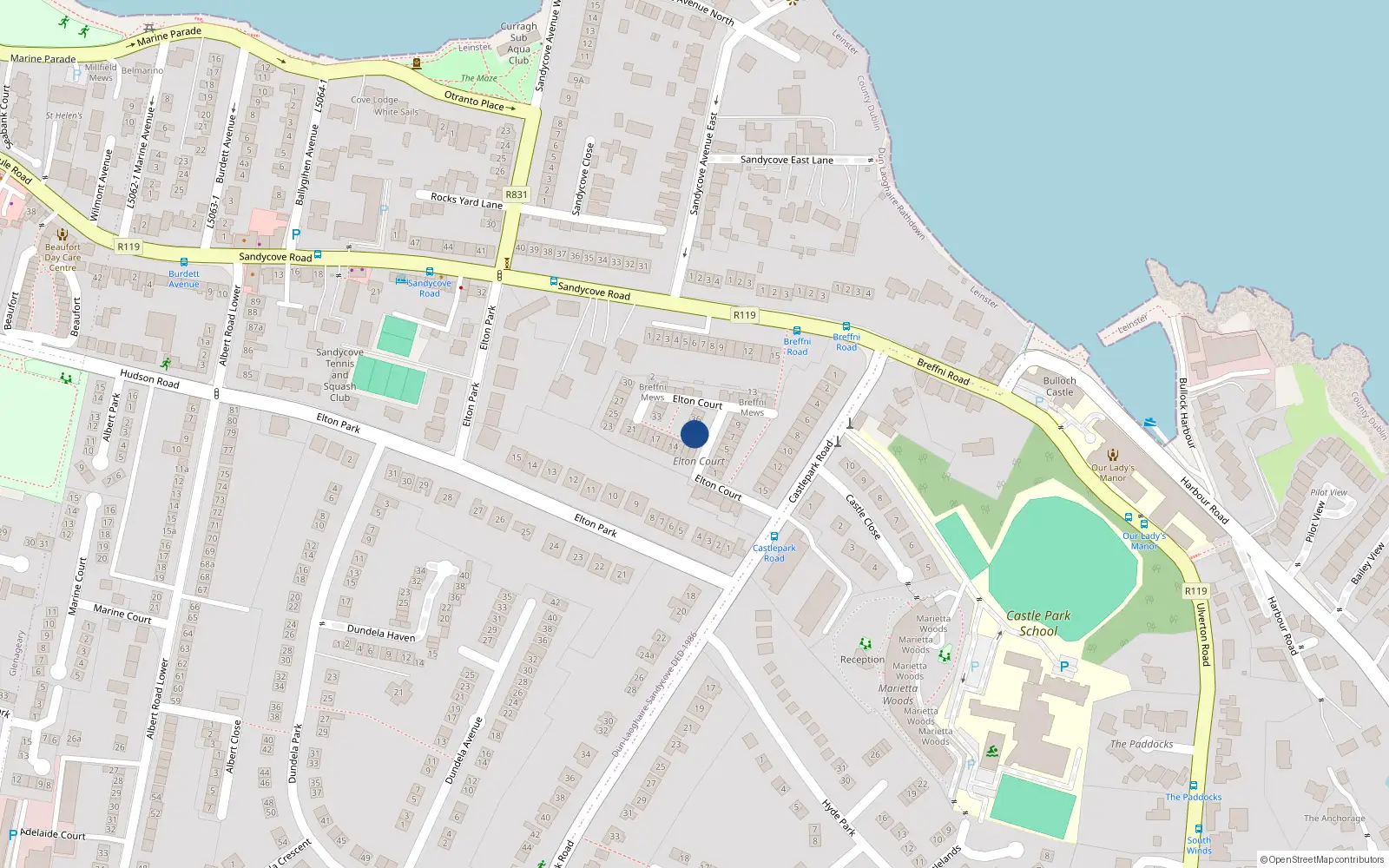 Overhead map showing the location of 34 Elton Court, Sandycove, Dublin