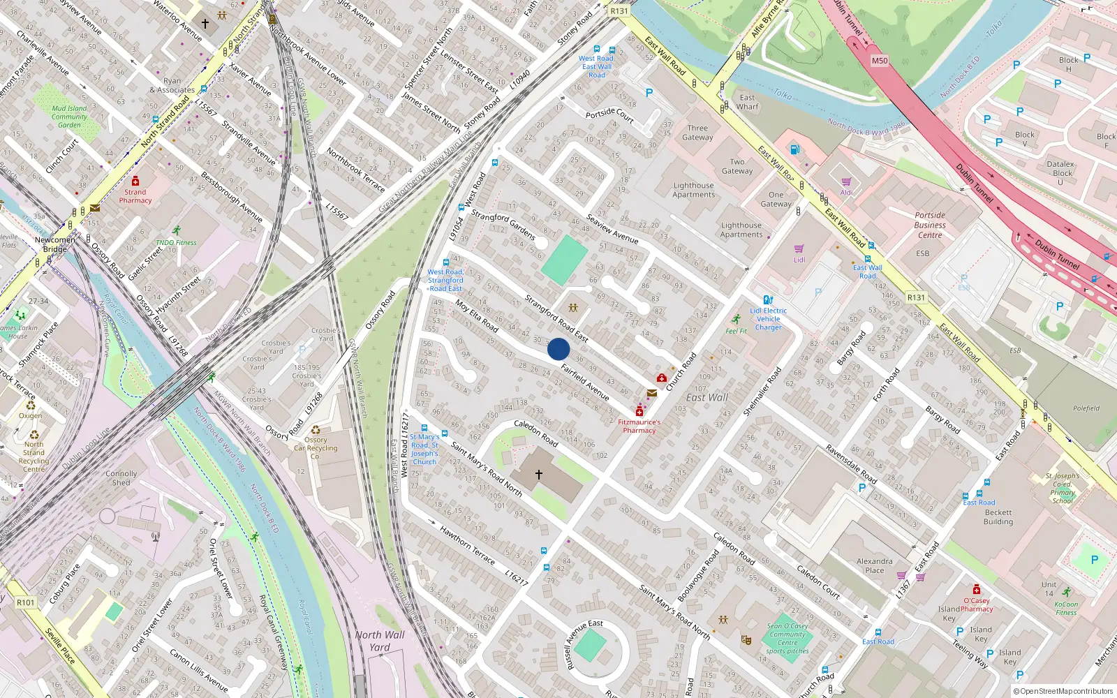 Overhead map showing the location of 34 Fairfield Avenue, East Wall, Dublin 3