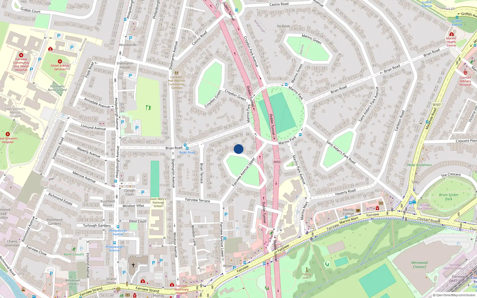 Overhead map showing the location of 34 Fairview Green, Dublin 3