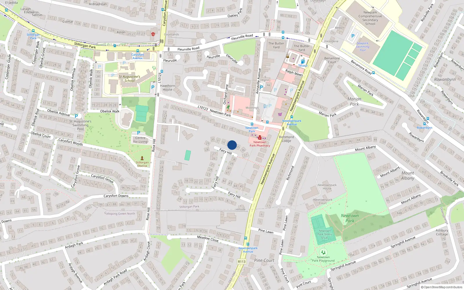 Overhead map showing the location of 34 Fairyhill, Blackrock, Dublin