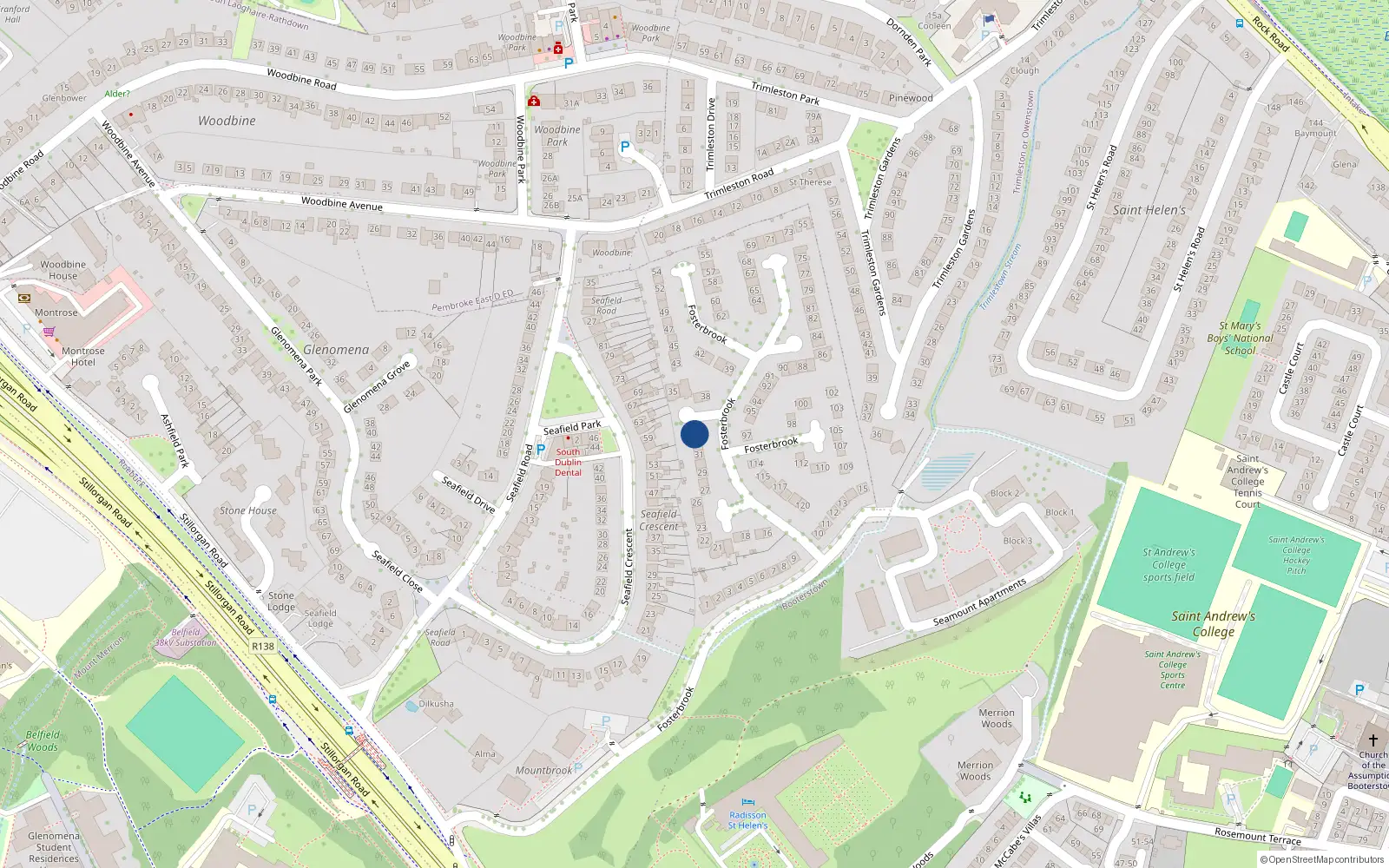 Overhead map showing the location of 34 Fosterbrook, Blackrock