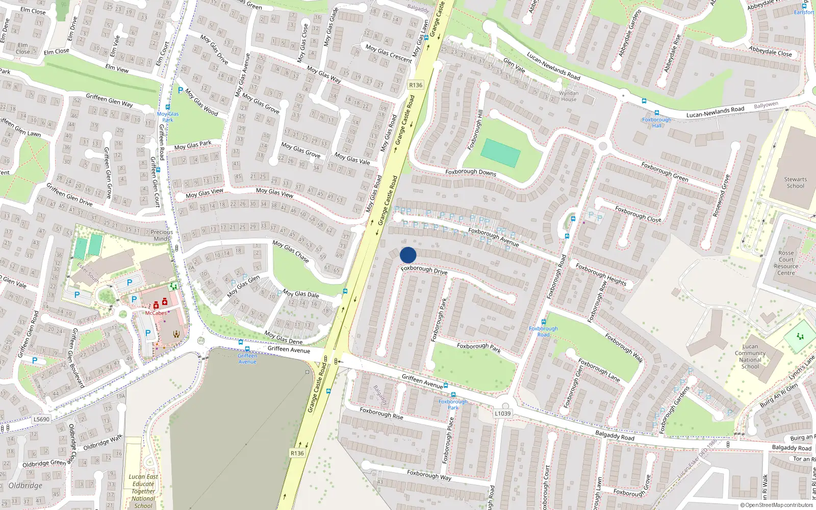 Overhead map showing the location of 34 Foxborough Drive, Lucan