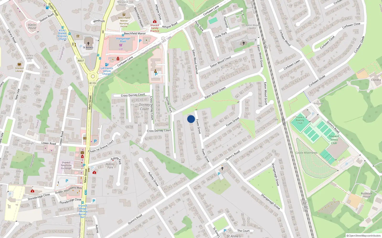 Overhead map showing the location of 34 Foxes Grove, Dublin