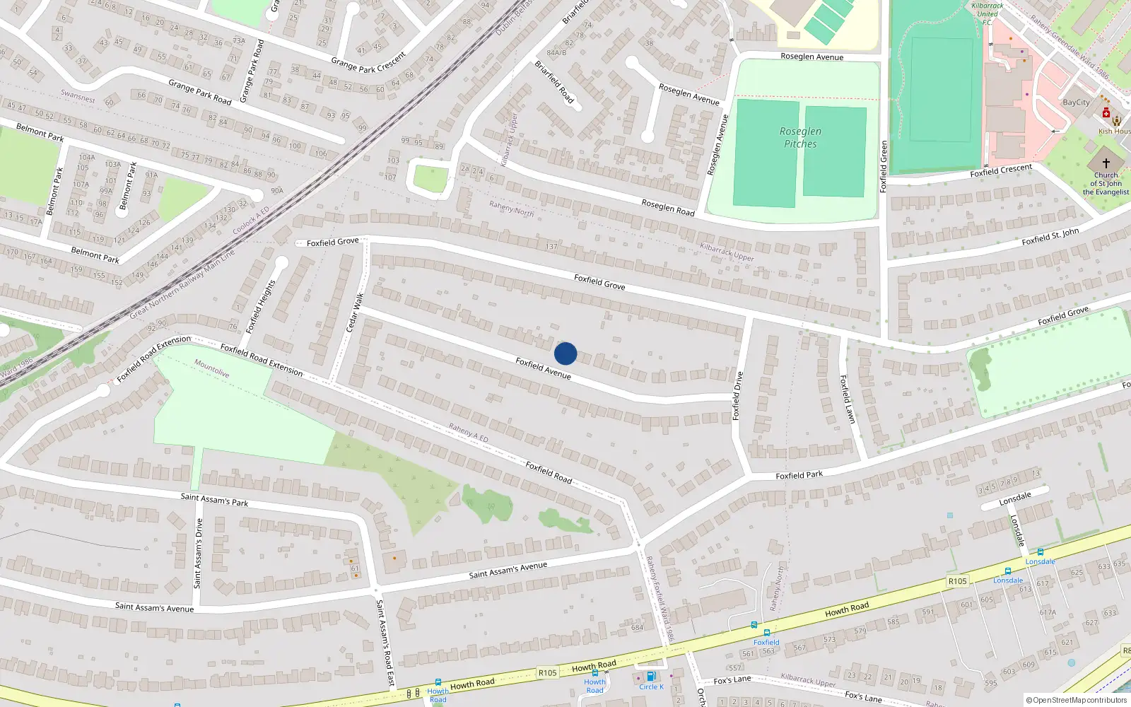 Overhead map showing the location of 34 Foxfield Avenue, Dublin 5, Dublin