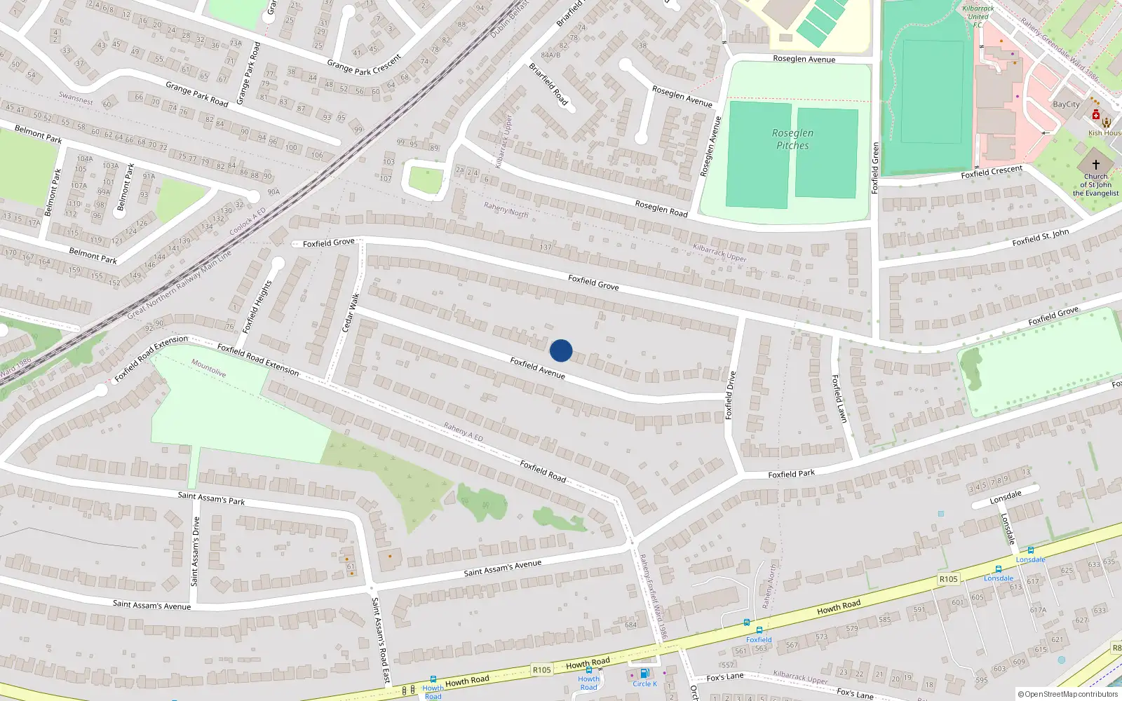 Overhead map showing the location of 34 Foxfield Avenue, Dublin 5