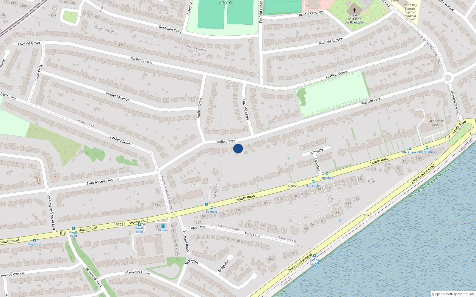 Overhead map showing the location of 34 Foxfield Park, Raheny, Dublin 5