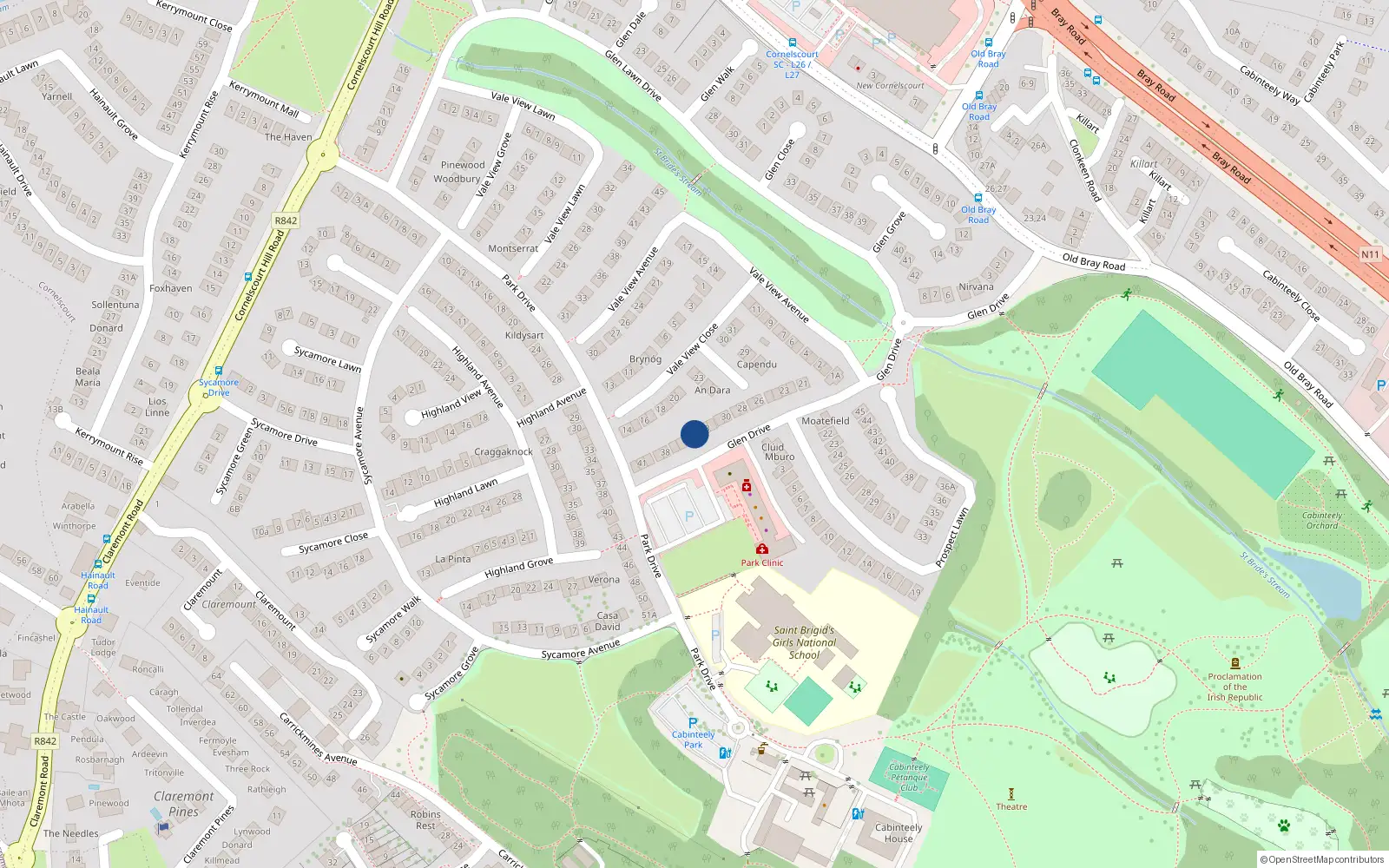Overhead map showing the location of 34 Glen Drive, Dublin 18
