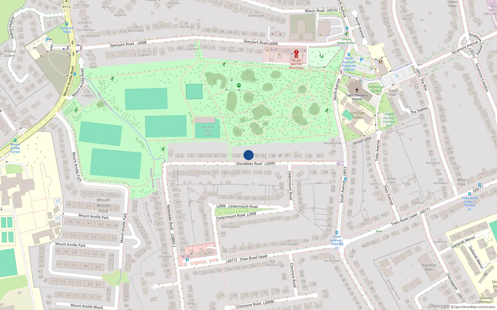 Overhead map showing the location of 34 Glenabbey Road, Blackrock