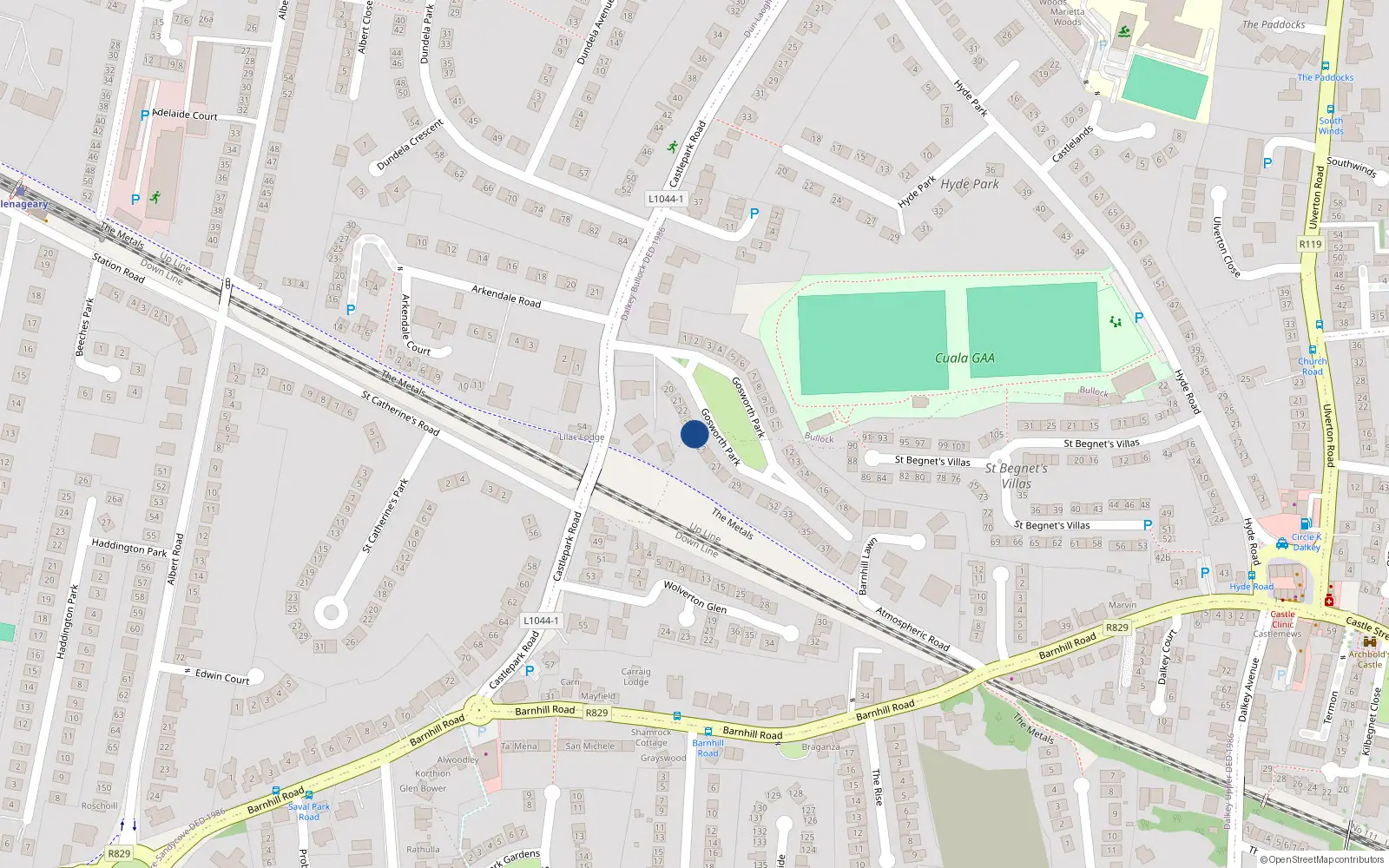 Overhead map showing the location of 34 Gosworth Park, Dalkey, Co Dublin