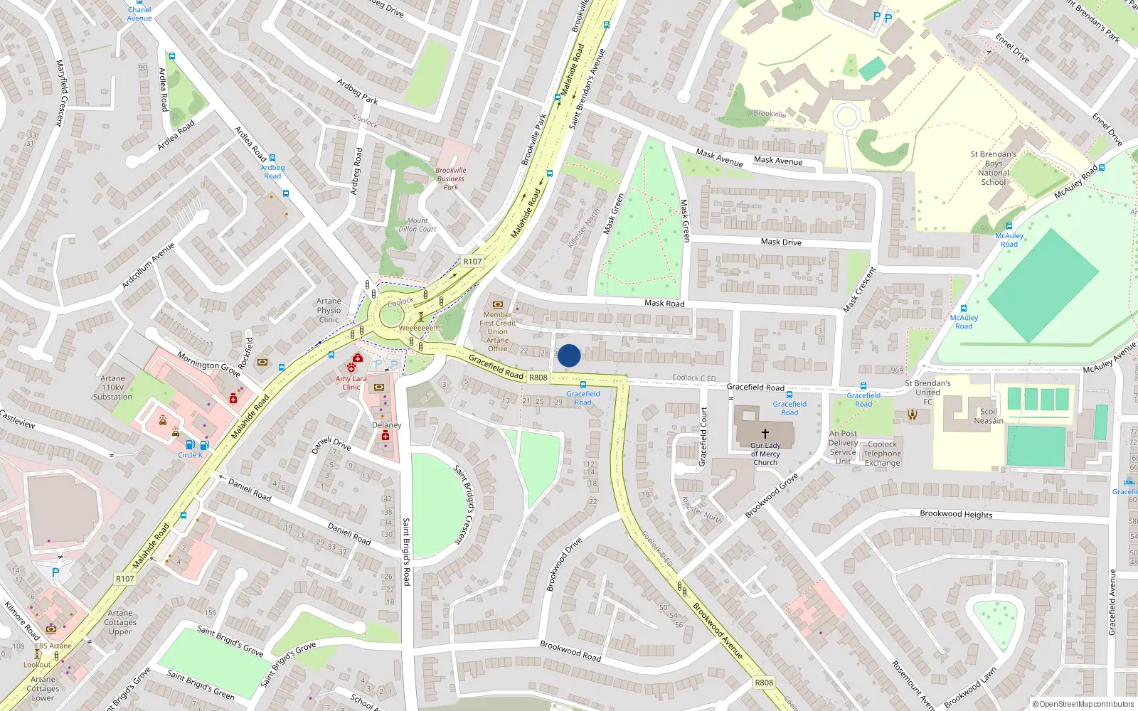 Overhead map showing the location of 34 Gracefield Road, Dublin 5