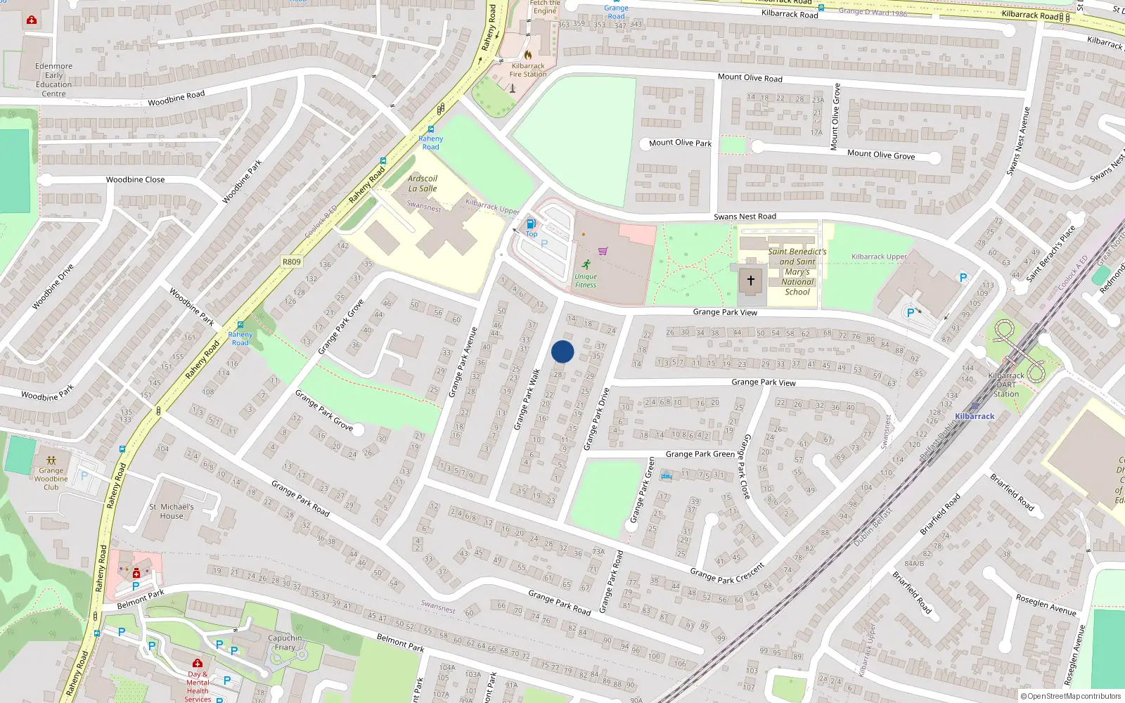 Overhead map showing the location of 34 Grange Park Walk, Raheny, Dublin 5