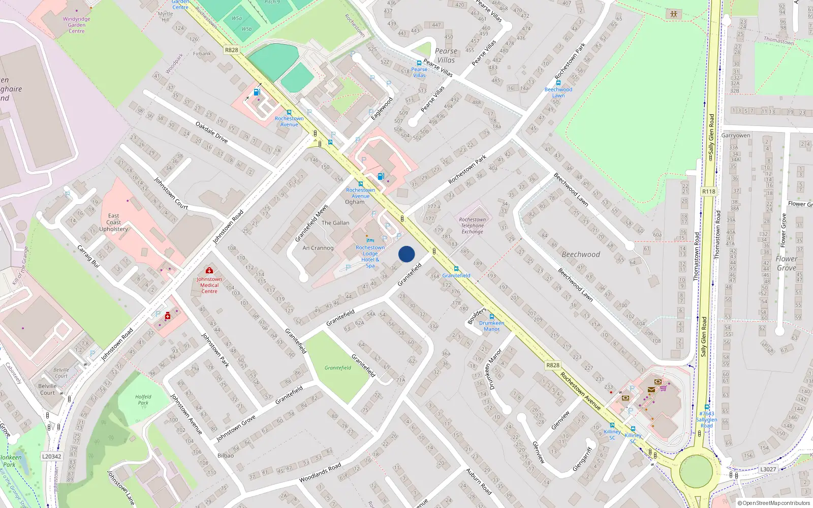 Overhead map showing the location of 34 Granitefield, Dun Laoghaire