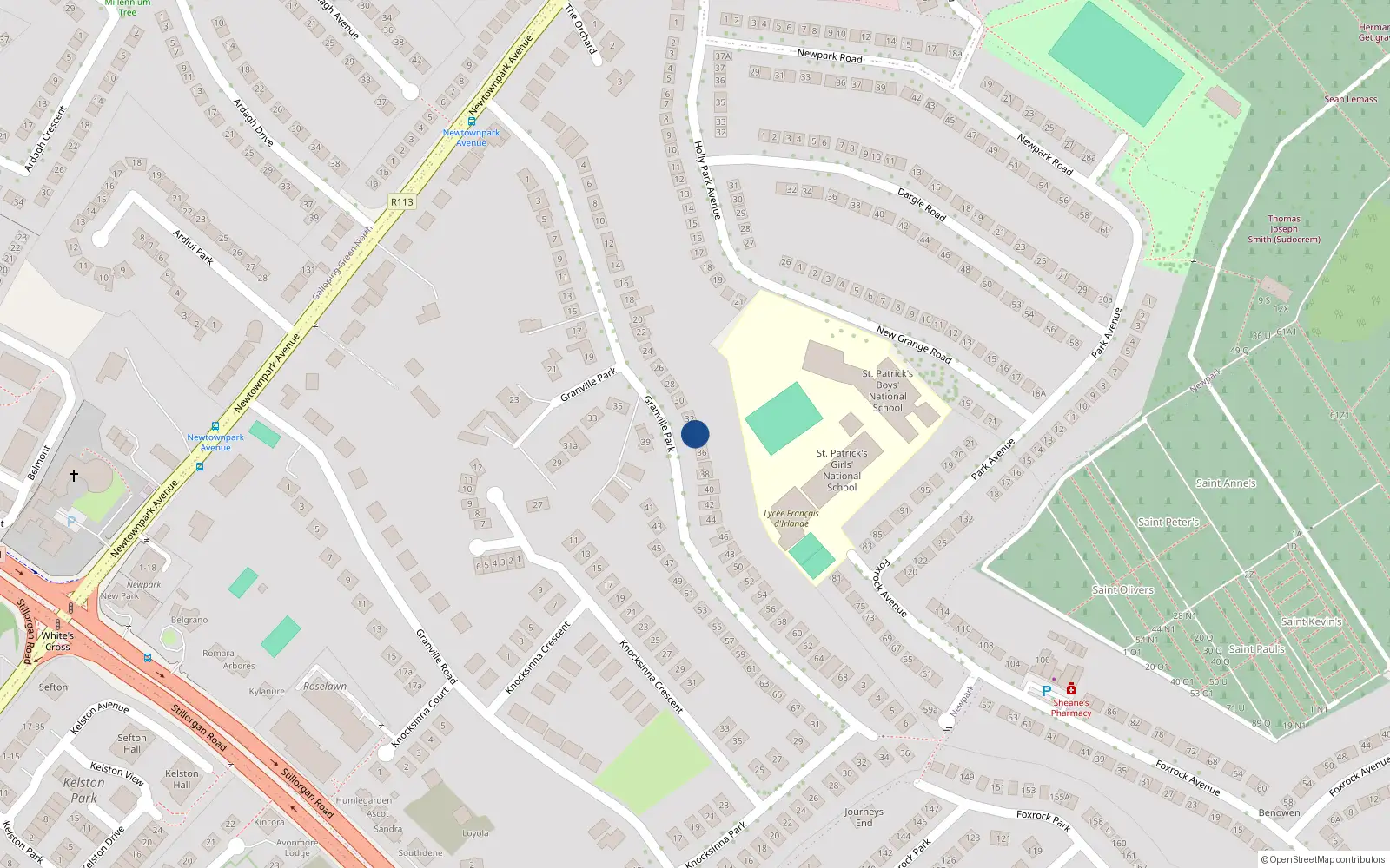 Overhead map showing the location of 34 Granville Park, Blackrock