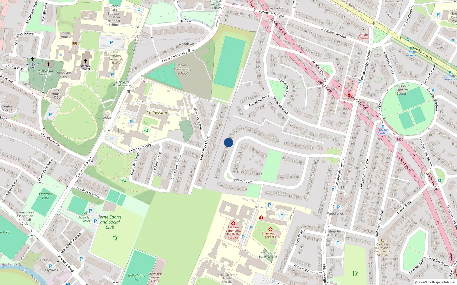 Overhead map showing the location of 34 Griffith Court, Fairview, Dublin 3