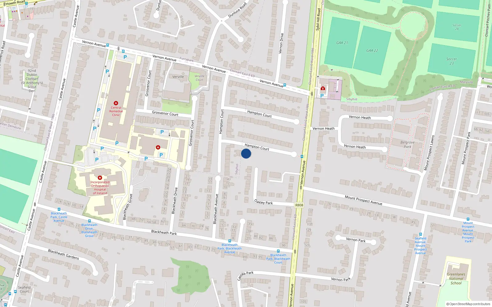 Overhead map showing the location of 34 Hampton Court, Dublin 3