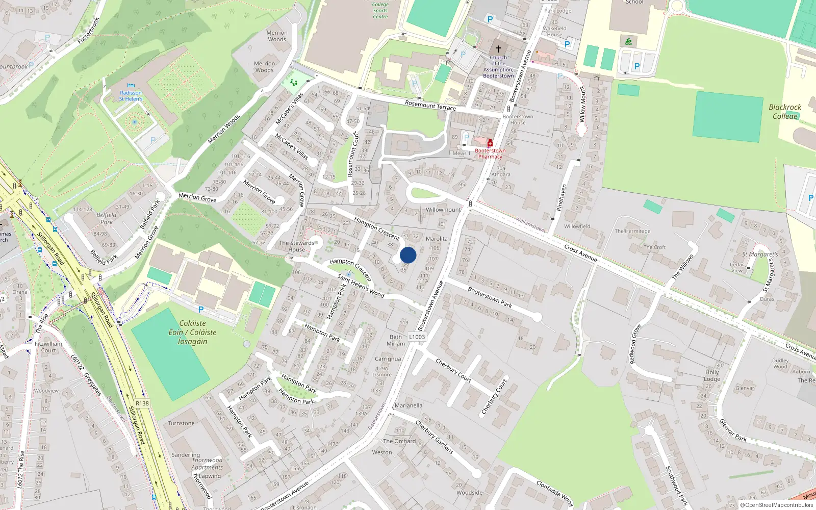 Overhead map showing the location of 34 Hampton Crescent, Booterstown