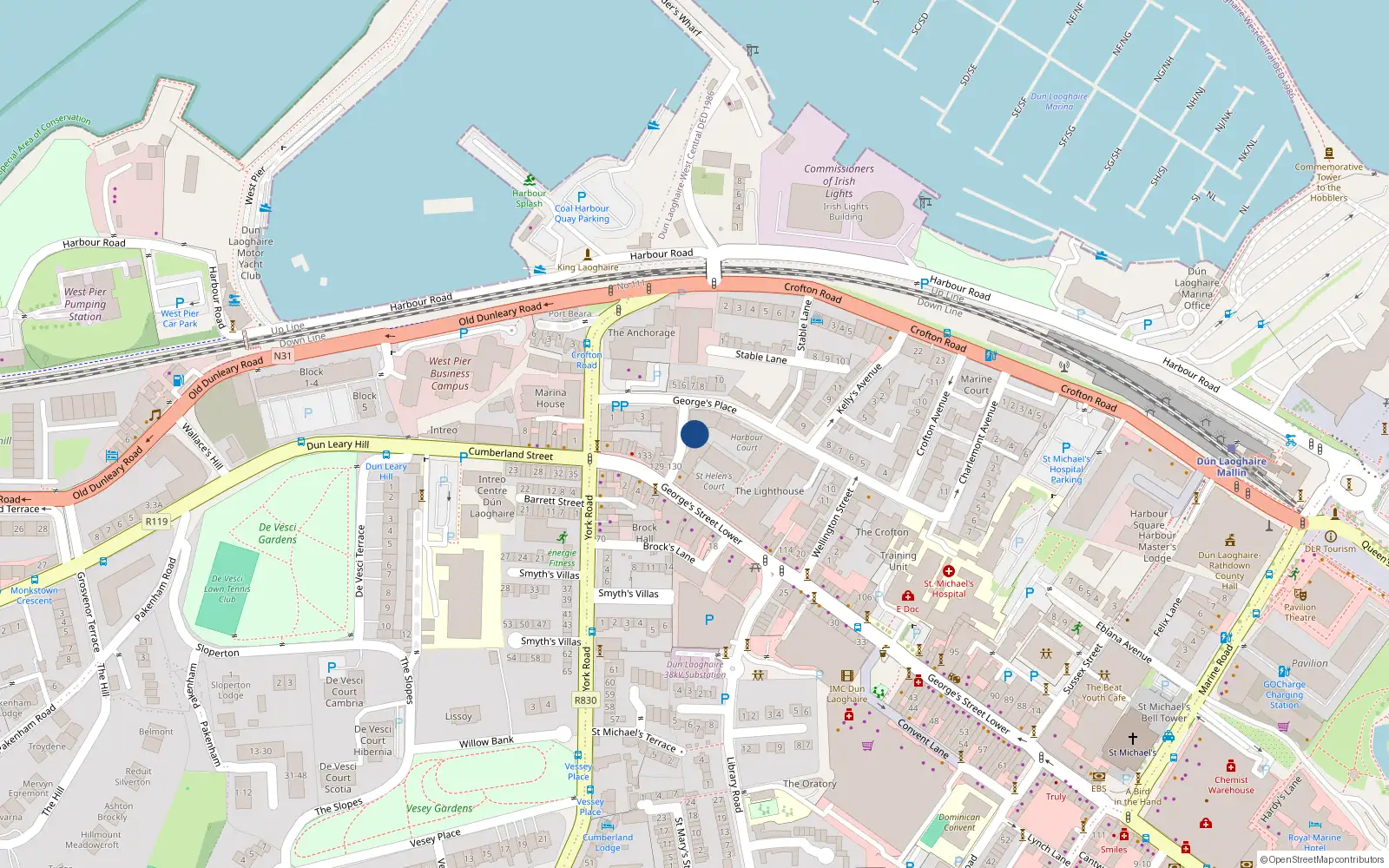 Overhead map showing the location of 34 Harbour Court, Georges Place, Dun Laoghaire