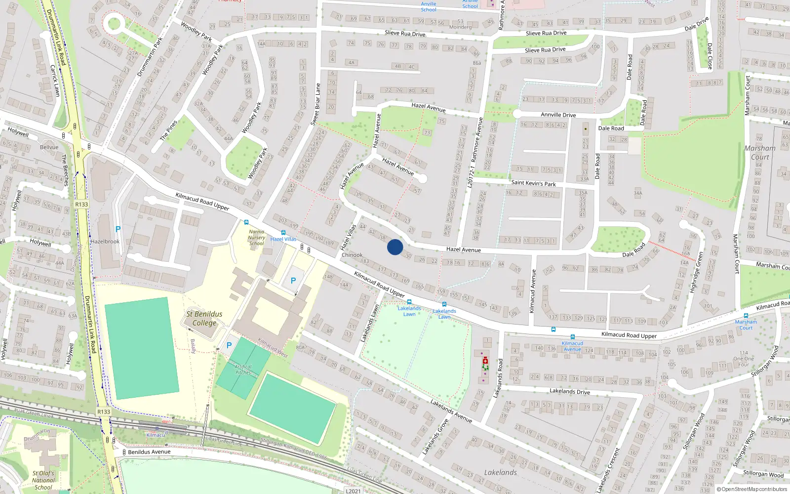 Overhead map showing the location of 34 Hazel Avenue, Blackrock