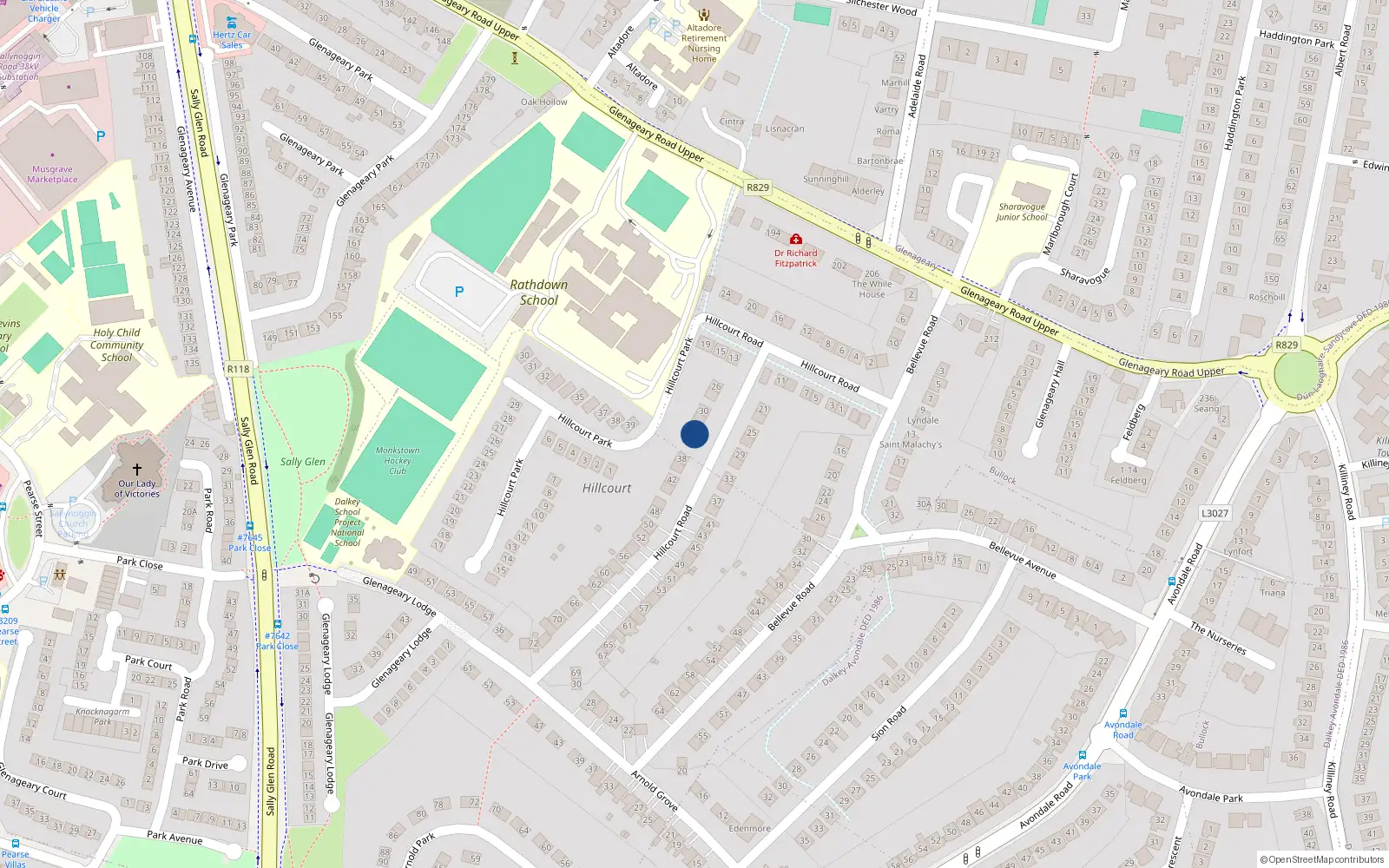 Overhead map showing the location of 34 Hillcourt Road, Co. Dublin
